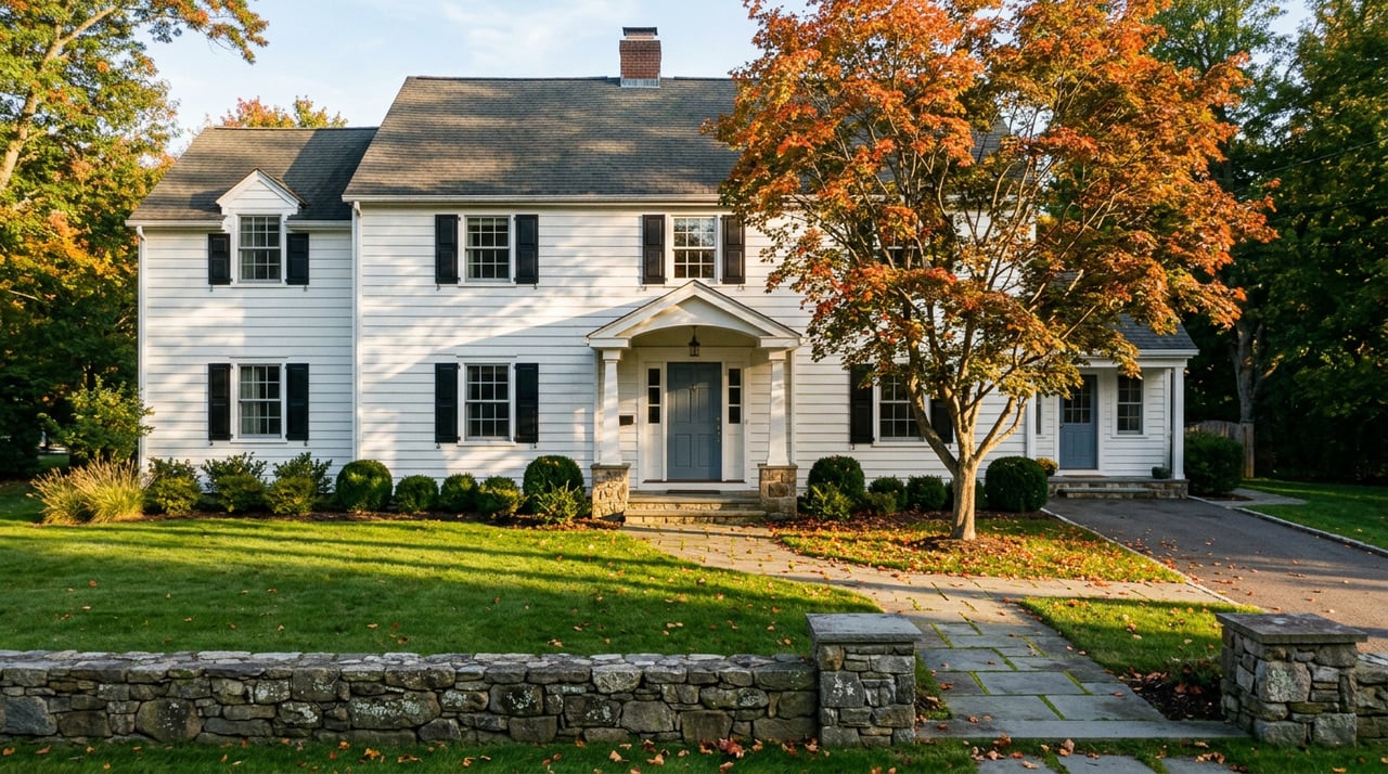 White clapboard house with a slate-blue front door, stone portico, and orange-red maple leaves scattered across the lawn.
