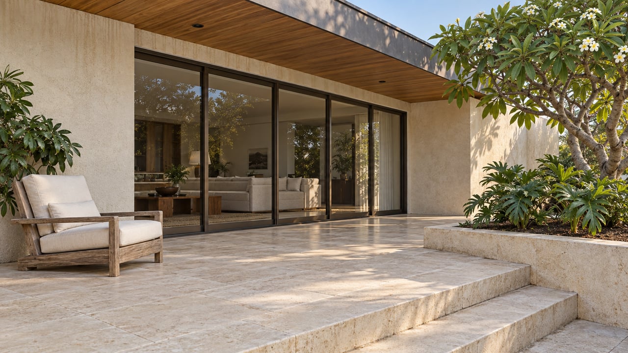 Shaded villa terrace with limestone steps, teak seating, bronze-framed glass doors and a flowering plumeria in a raised stone bed.