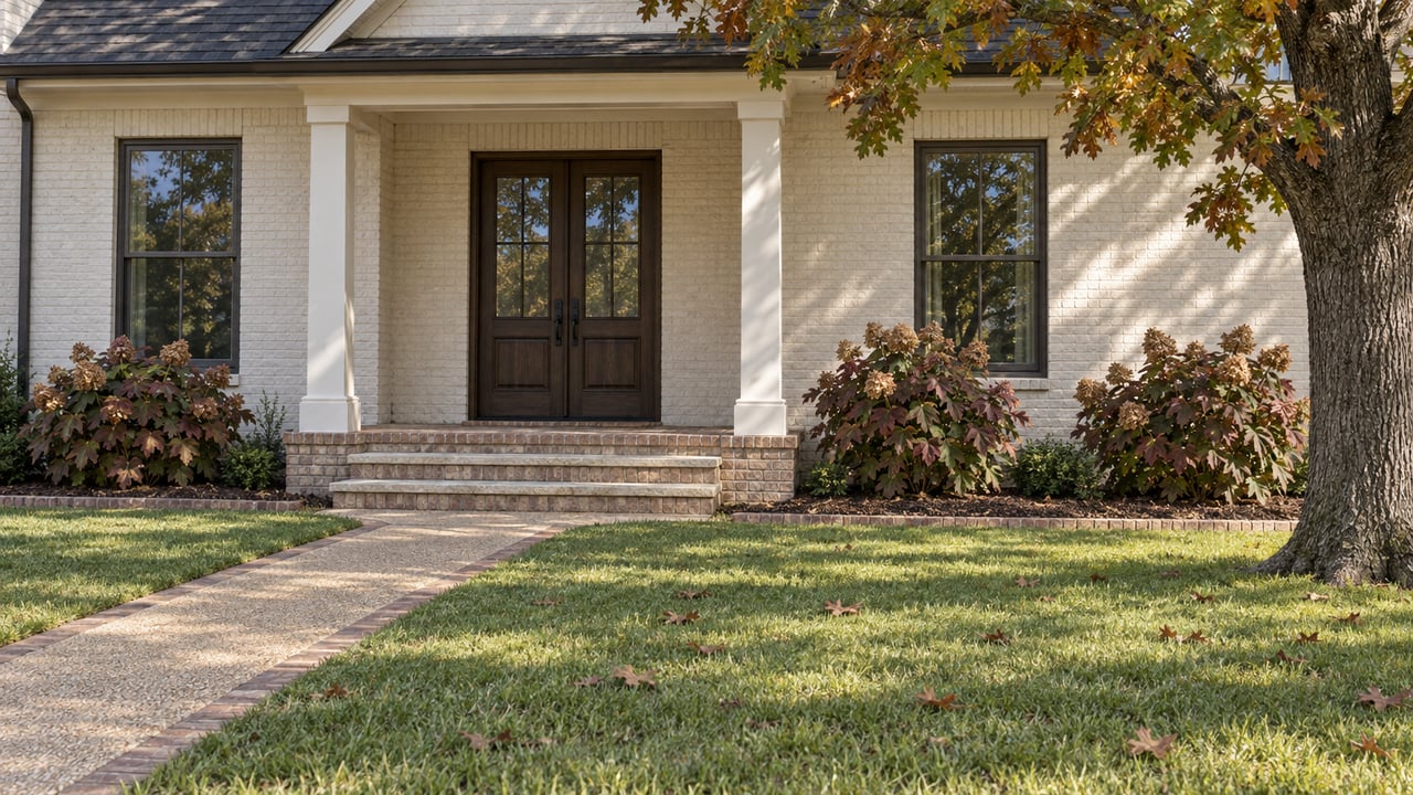 Ivory-painted brick home with an oak double entry, brick-edged walkway, and autumn oakleaf hydrangeas beside a deep lawn.