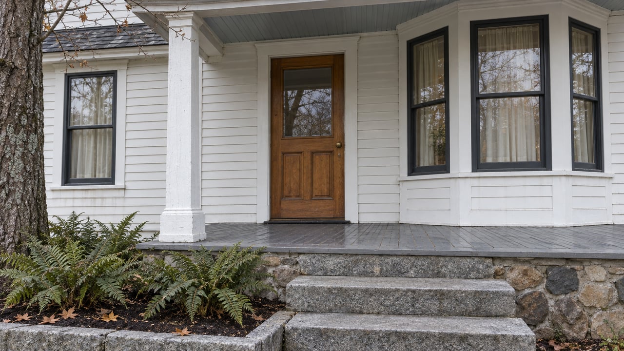 A white clapboard home's sheltered wooden entry and bay window above worn granite steps, beside a bare sugar maple and evergreen ferns.