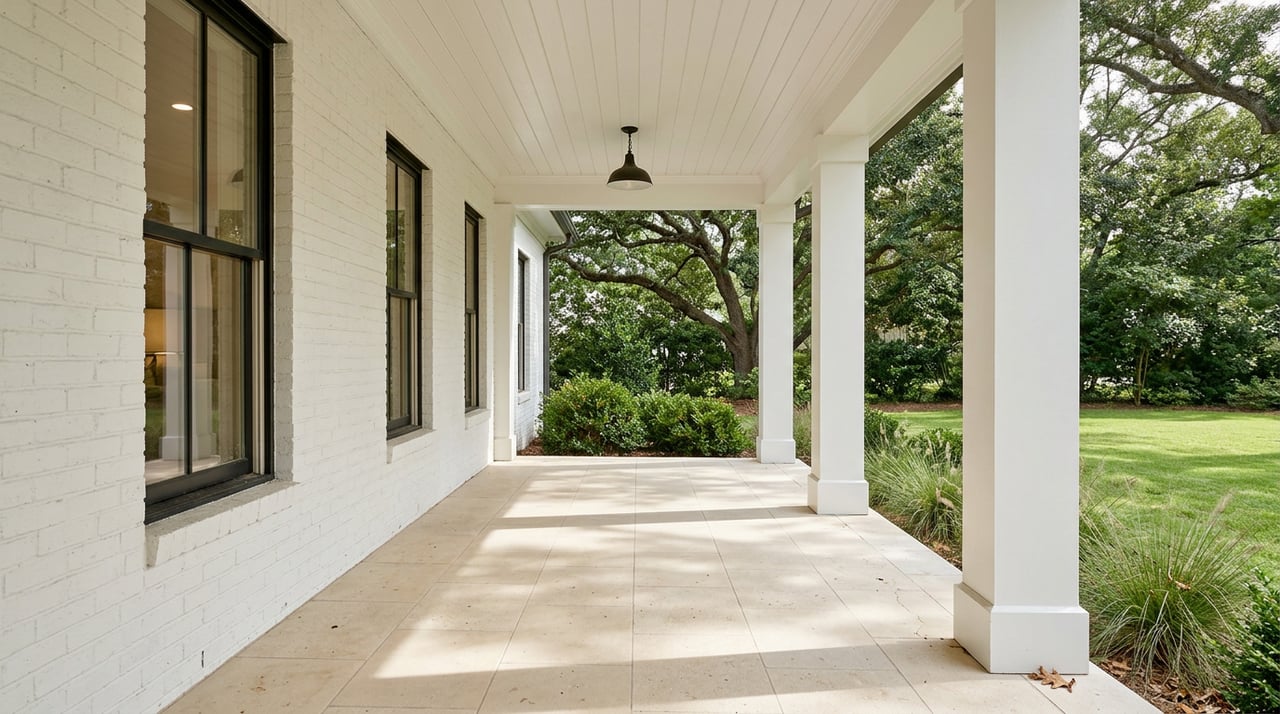 Covered porch with white columns, limestone floor, black-framed windows, and lawn beyond.
