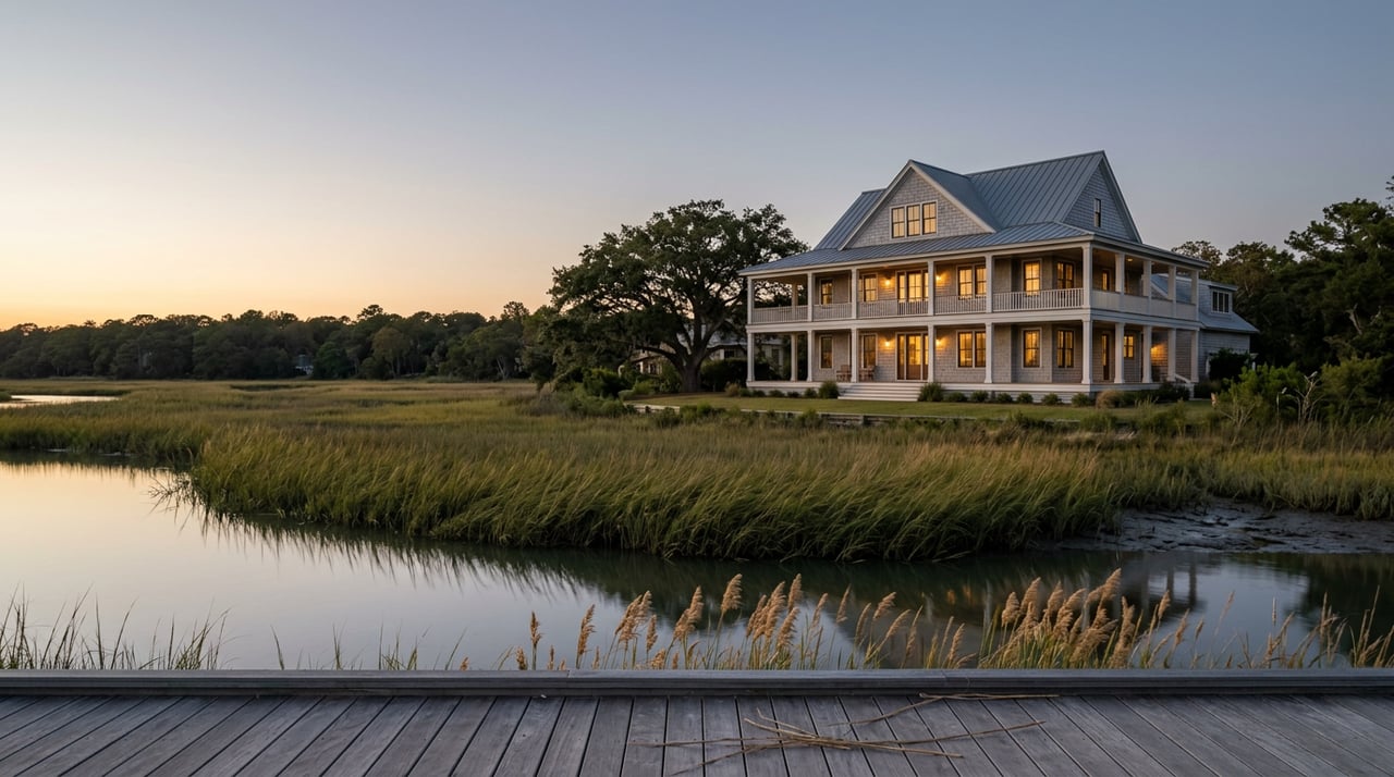 Two-story cedar-shake coastal home with a glowing wraparound porch across a tidal marsh at dusk.