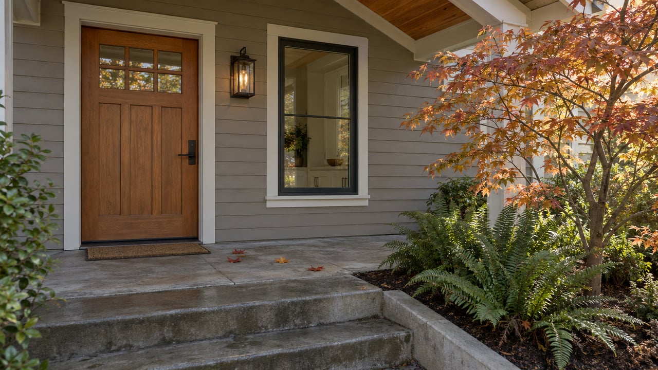 Covered house entry with wood door, tall window, concrete steps, and fallen leaves beside planting.