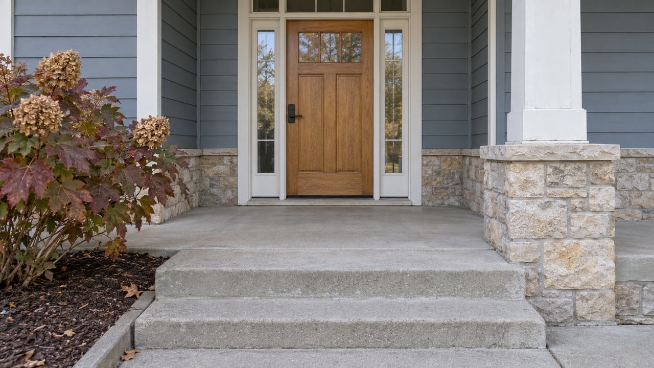 Oak front door with paired sidelights above worn concrete steps, framed by blue-gray siding, limestone and autumn oakleaf hydrangea.