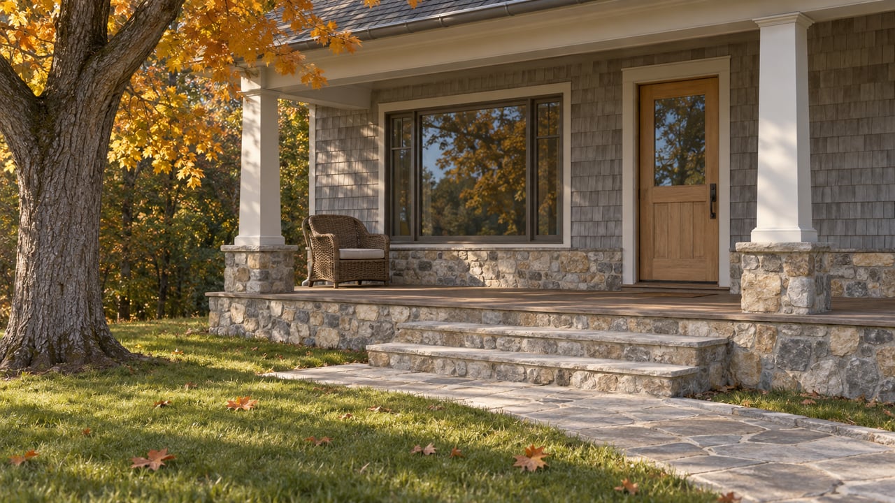 Gray cedar-shingled home with a covered porch, fieldstone steps, bronze-framed window, and an amber sugar maple beside a broad lawn.