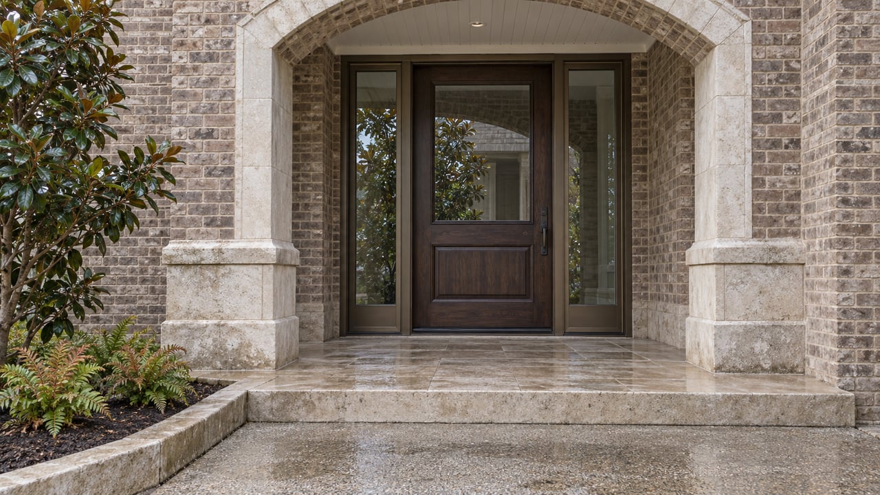 Brick home entrance with a limestone arch, dark oak door, matching glazed sidelights, and a stepped stone porch beside a magnolia.