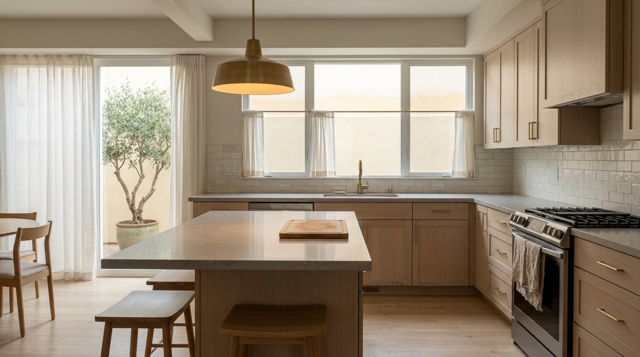 Open-plan kitchen with a pale oak island, brass pendant, and olive tree visible through the windows.