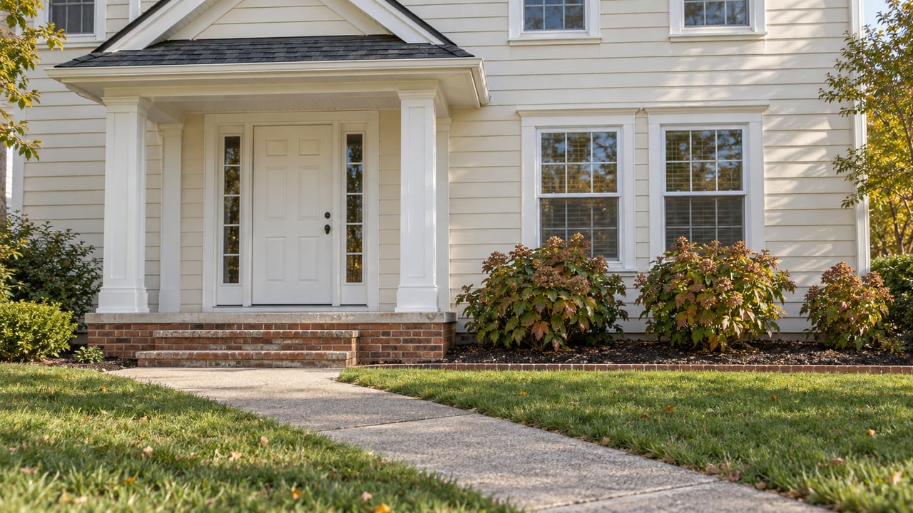 Cream lap-sided home with a gabled entry, brick porch steps, broad front lawn and oakleaf hydrangeas in autumn morning light.
