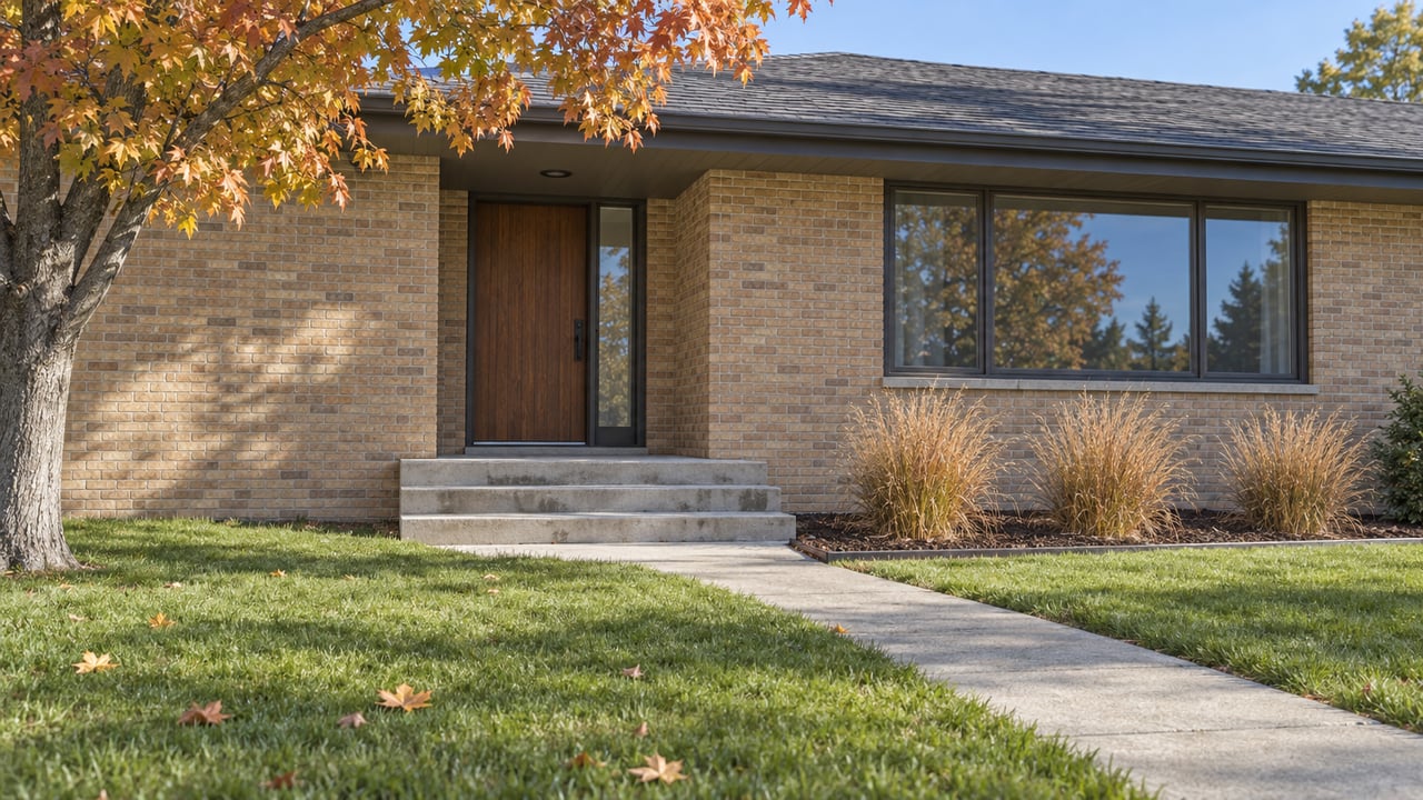 Buff-brick single-story home with a sheltered wood entry, broad front lawn, and gold autumn maple canopy.