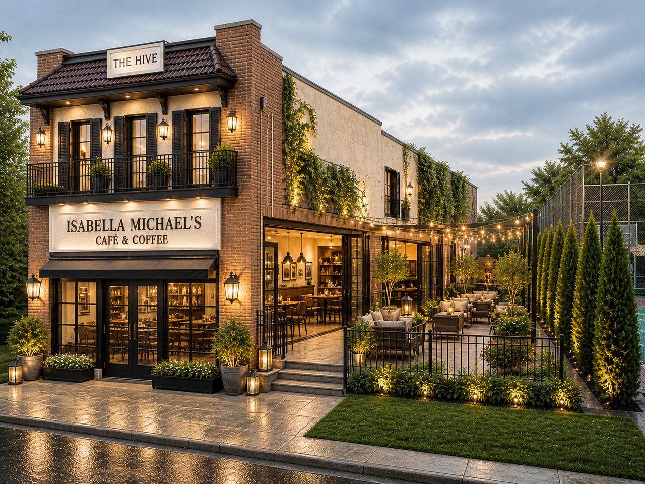 The Hive café with an illuminated outdoor dining patio, second-floor balcony, and brick-and-stone façade.