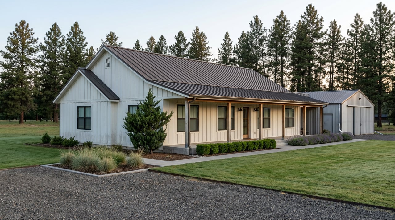 Single-story farmhouse with a porch and detached shop, set beyond a gravel court before ponderosa pines.