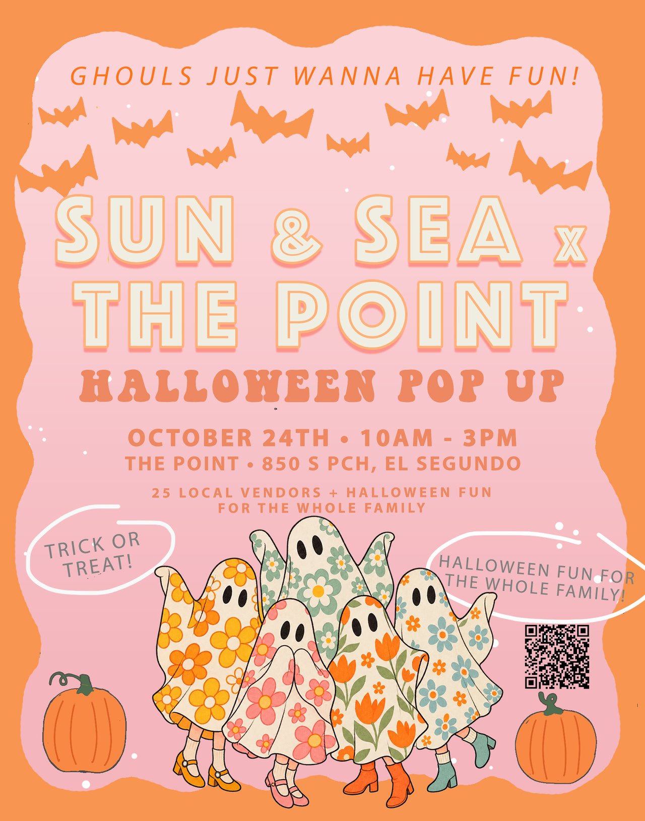 Sun & Sea and The Point Halloween pop-up flyer, October 24 in El Segundo, with floral ghost costumes and pumpkins.
