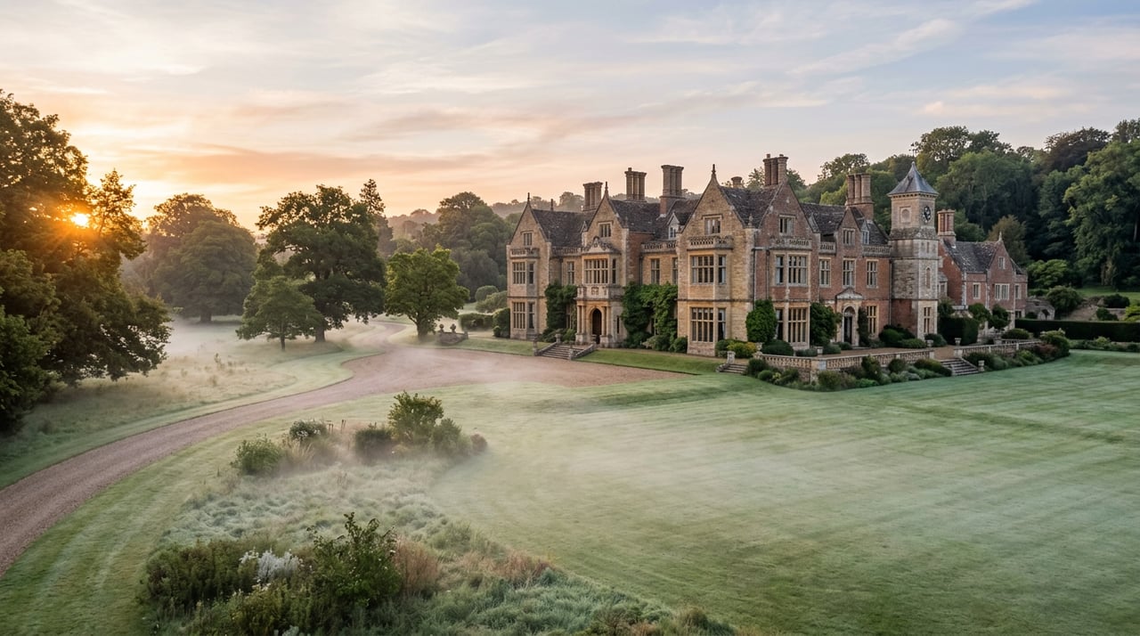 Country estate facade with a visible side wall beyond a deep lawn, knee-high fog, and specimen trees.