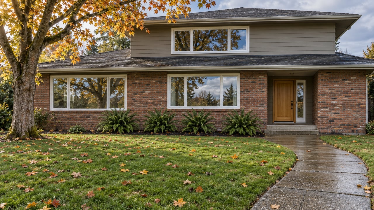 Autumn leaves scattered across a deep front lawn beside a concrete walk leading to a gray-sided and brick home.