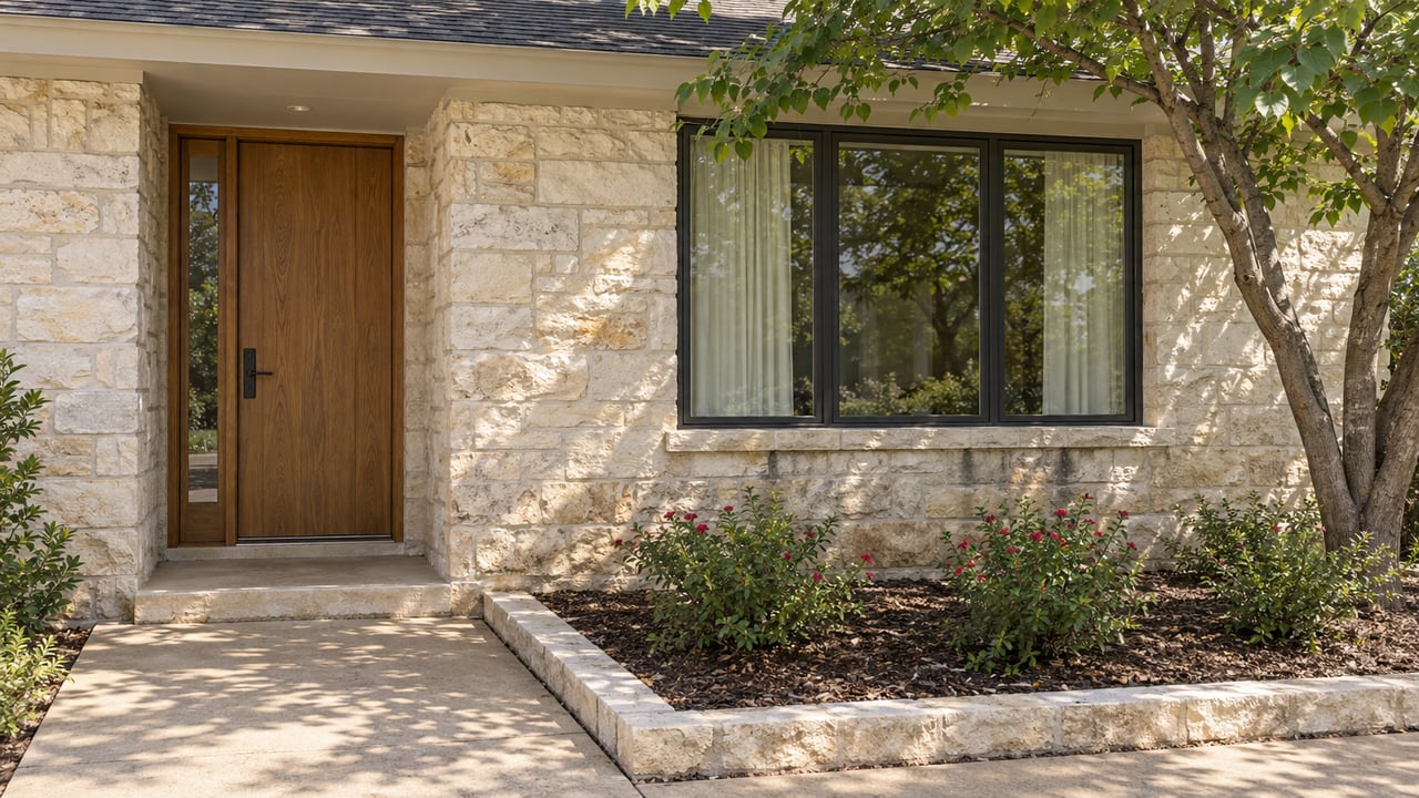 Close view of a limestone home's oak entry door and charcoal-framed window, with a branching redbud and flowering sage beside a concrete approach.