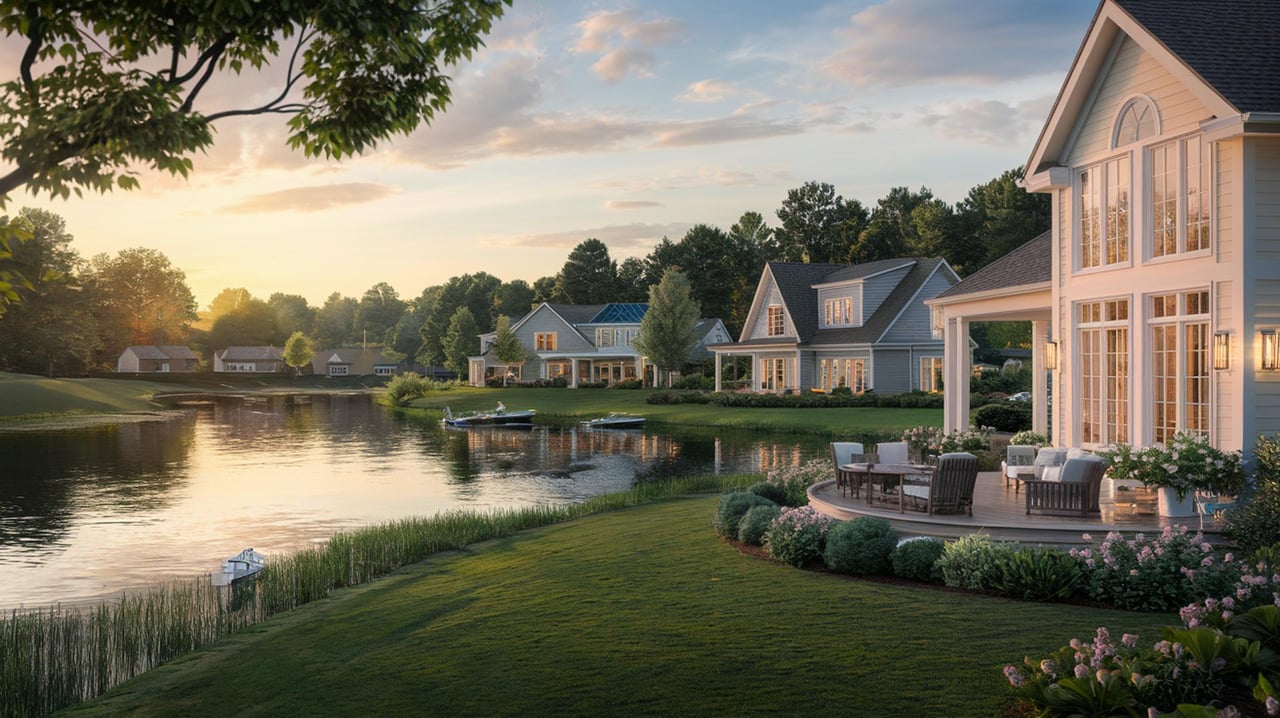 Large lakeside home with a patio and lawn beside a calm pond at sunset.