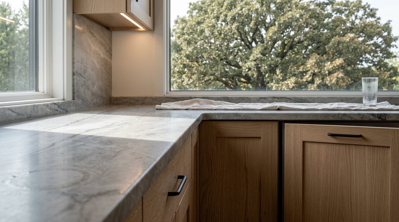 Veined stone island with a condensation-beaded glass; a bur oak fills the kitchen window.