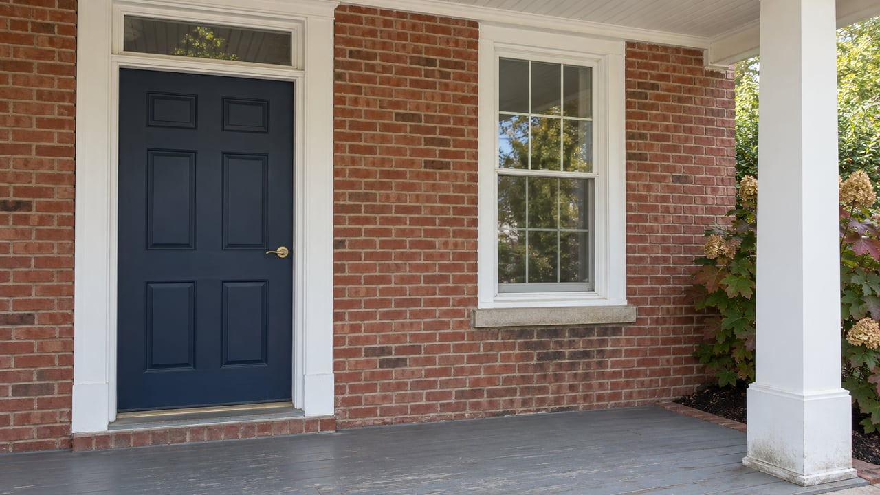 Close view of a traditional brick home's covered porch, navy entry door, white sash window and weathered gray floorboards beside an oakleaf hydrangea.