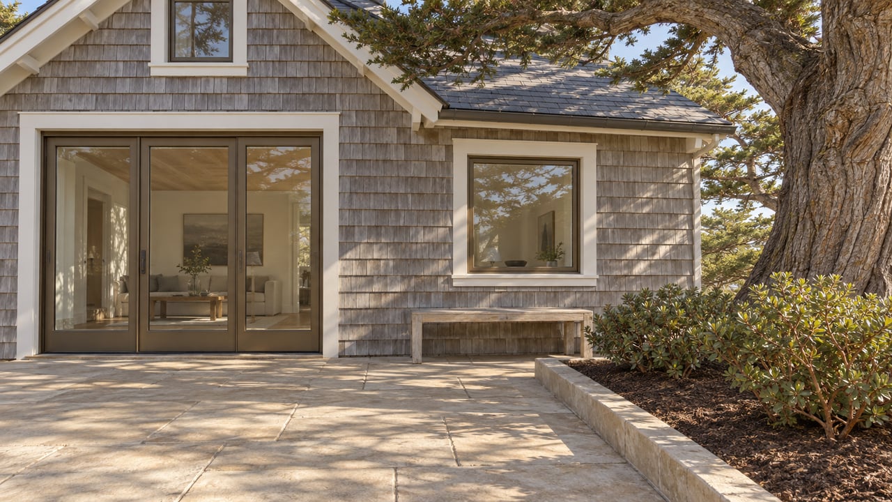 Silver-gray shingled cottage with bronze-framed glass doors, a limestone terrace, a weathered teak bench, and a wind-shaped cypress.