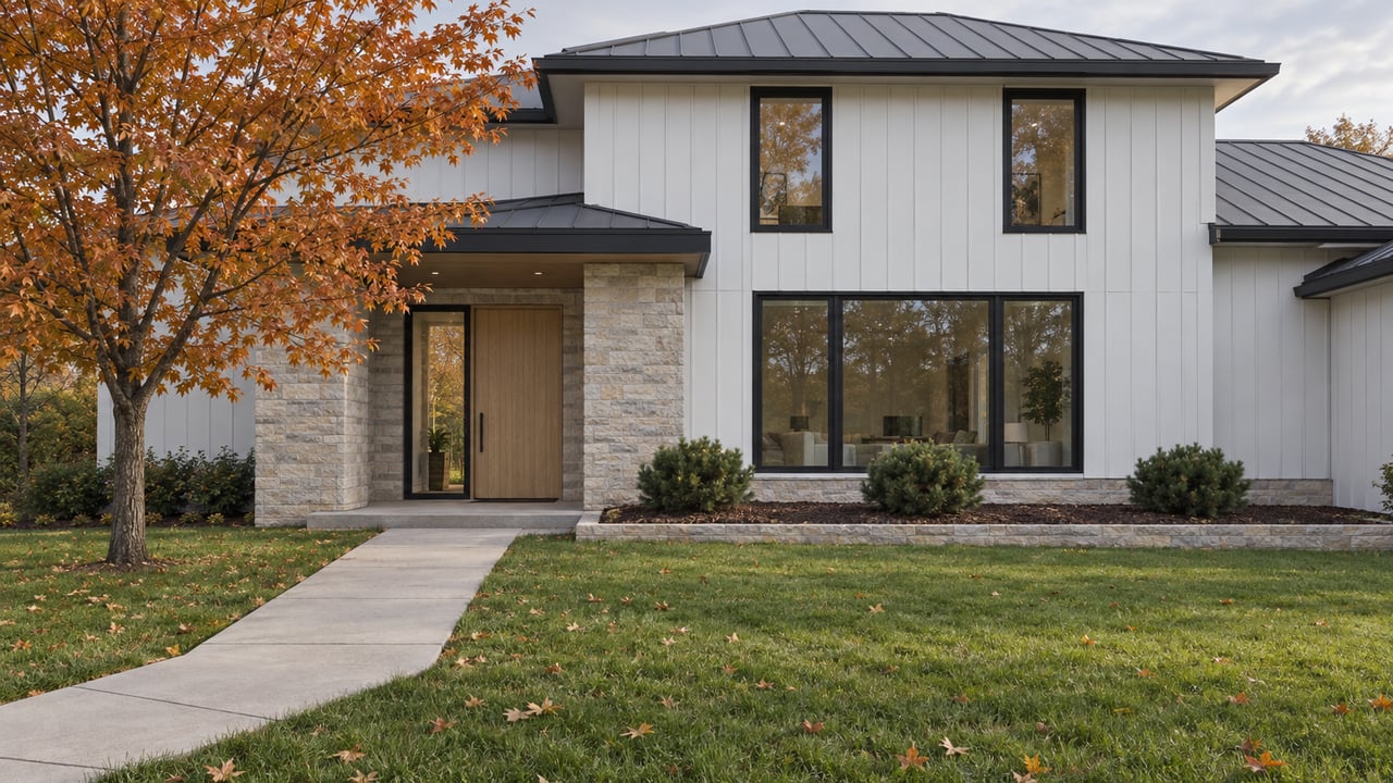 Contemporary white home with black-framed windows, a limestone entry and a broad autumn lawn beneath a copper-leaved maple.