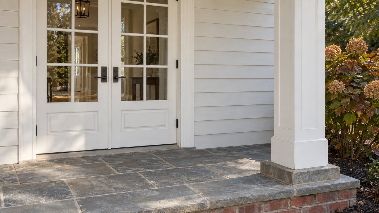 White clapboard porch with paired gridded French doors, a bluestone landing over a brick riser, and bronze-leaved oakleaf hydrangea.
