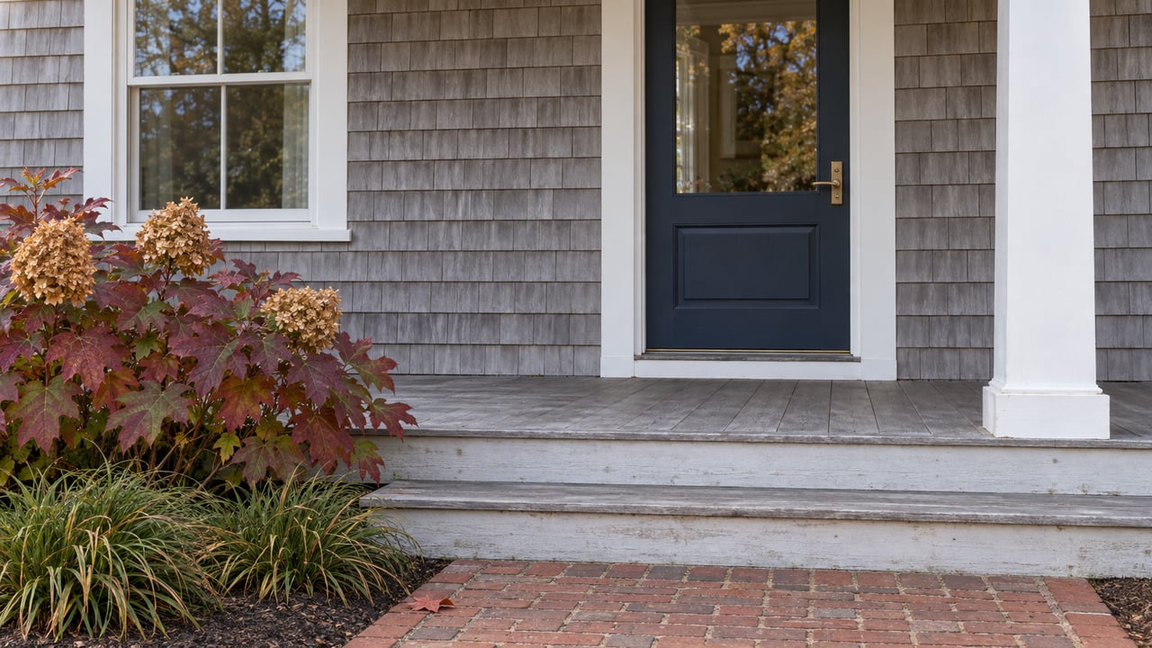 Weathered cedar-shingle home with a navy glazed door, white porch trim, brick steps landing and autumn oakleaf hydrangea.