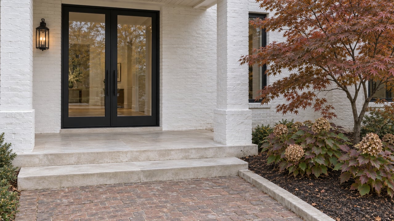 White-painted brick home entrance with black glazed double doors, pale limestone steps, and sculptural autumn foliage beside the porch.