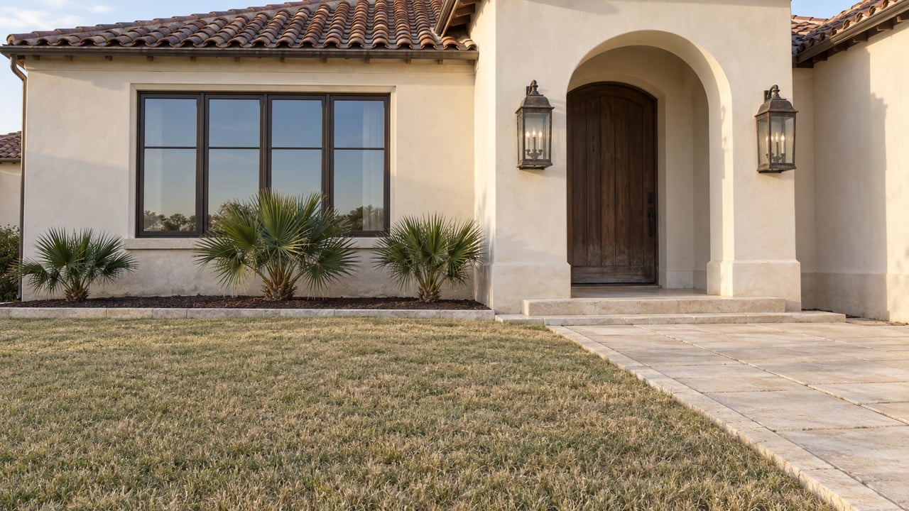Seasonally tan lawn leading to an ivory stucco home with an arched oak entry, limestone walkway and dwarf palmettos.