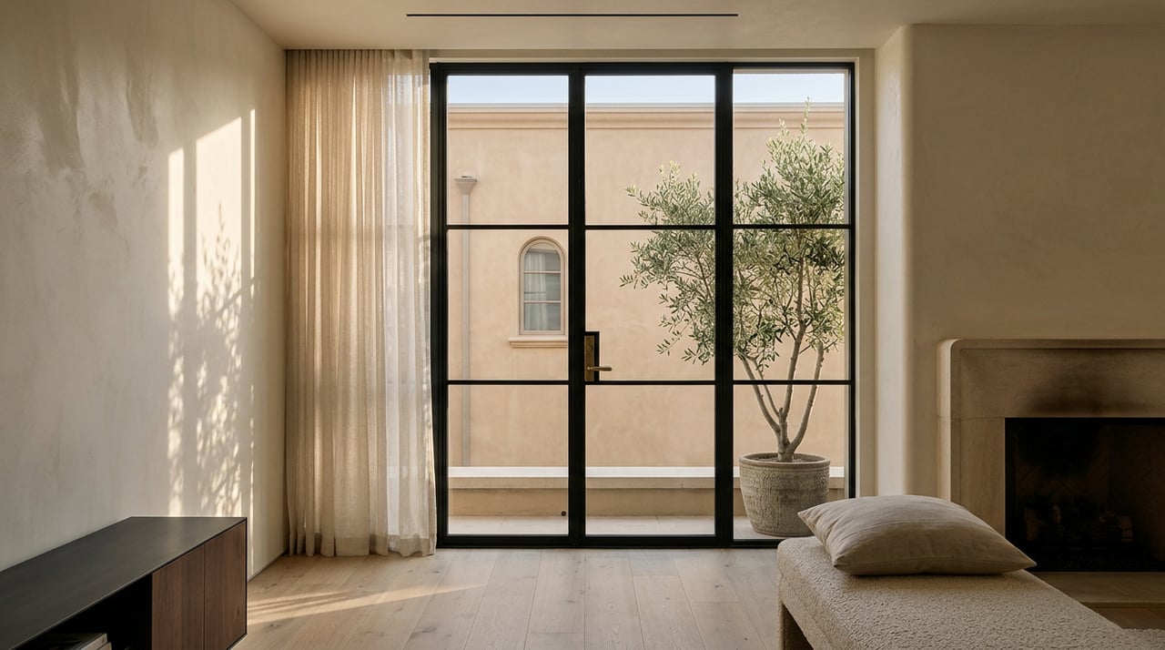 Living room with a limestone fireplace, black steel-framed glass door, and potted olive tree beside an adjacent stucco wall.