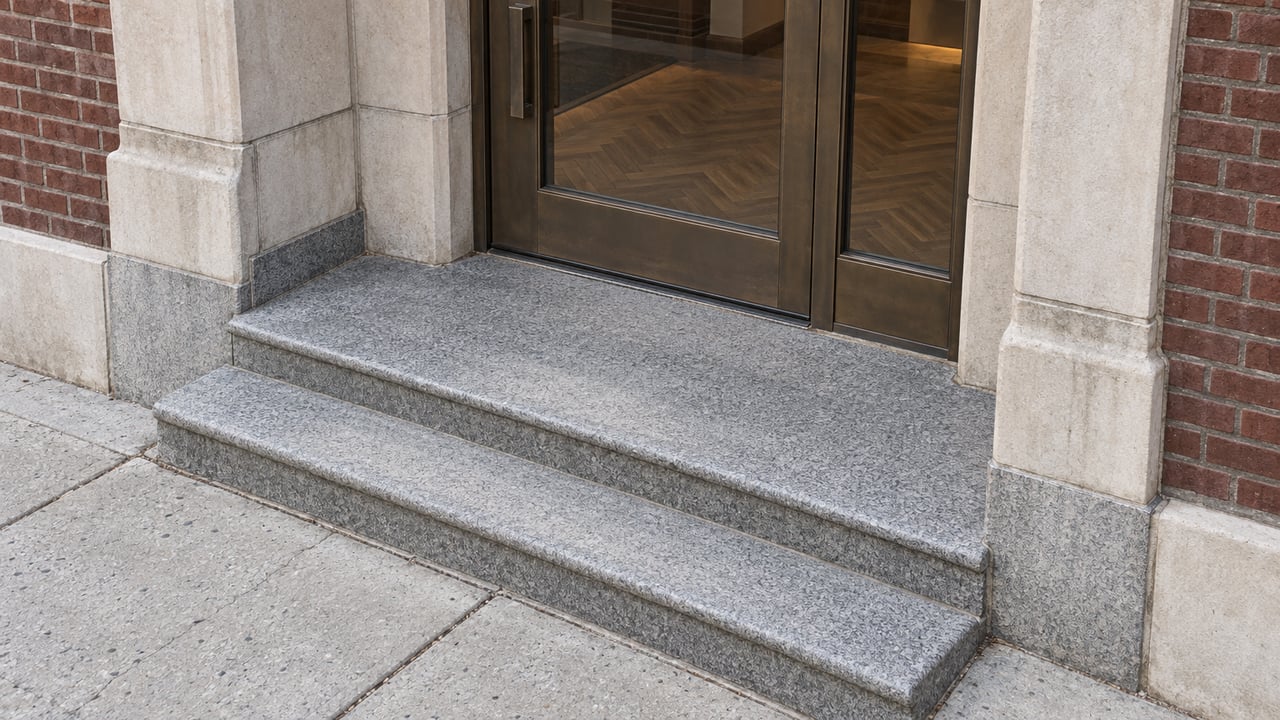 Elevated close view of a bronze-framed glazed apartment entrance, pale limestone surround and gently worn granite steps meeting a concrete sidewalk.
