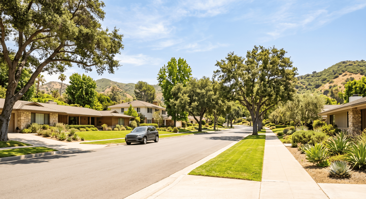 Tree-lined residential street with landscaped homes and hills in the background.