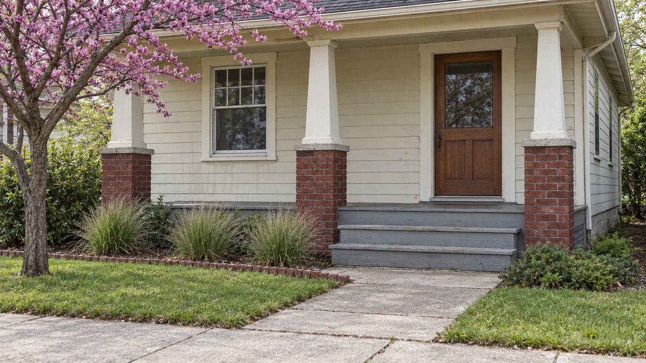 Cream-sided bungalow with a glazed timber door, brick porch piers, short concrete steps, and a small tree.