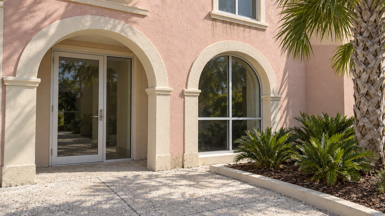 Soft-pink stucco residential entrance with cream arches, closed glass doors, shell-aggregate paving and a palm in a bordered planting bed.