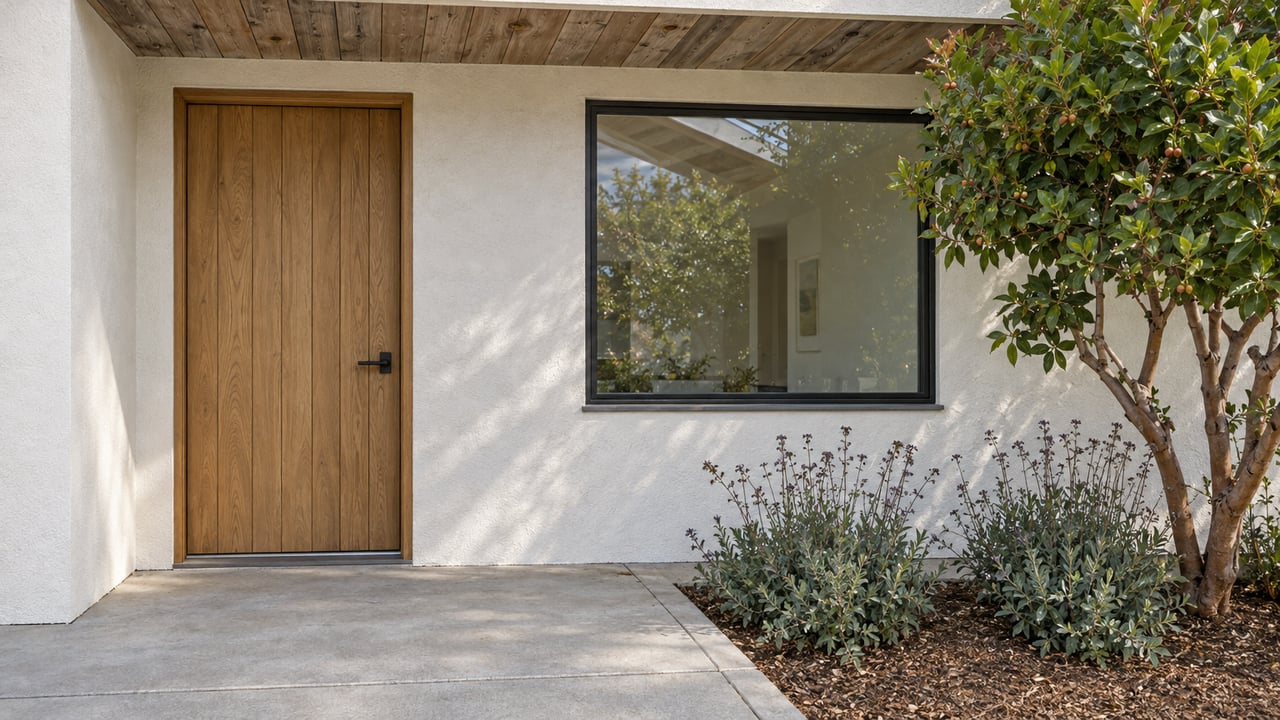 Sunlit white stucco home entrance with an oak door, black-framed window, and strawberry tree beside a raised concrete landing.