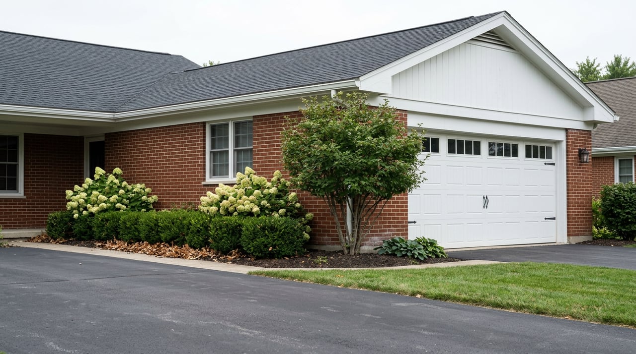 White-paneled garage beside a red-brick house, with upper-row glass panes, clipped shrubs, and a diagonal asphalt driveway.