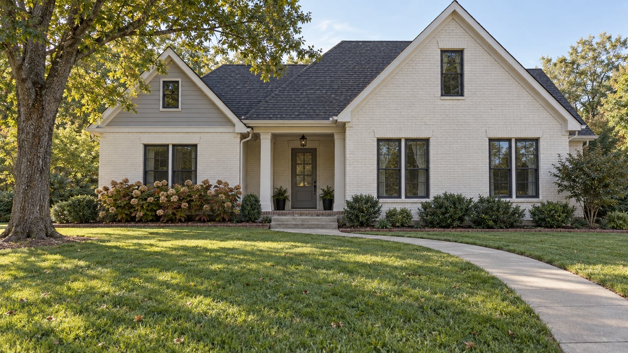 An updated ivory brick home with charcoal gables, a deep front lawn, and oakleaf hydrangeas in soft afternoon light.