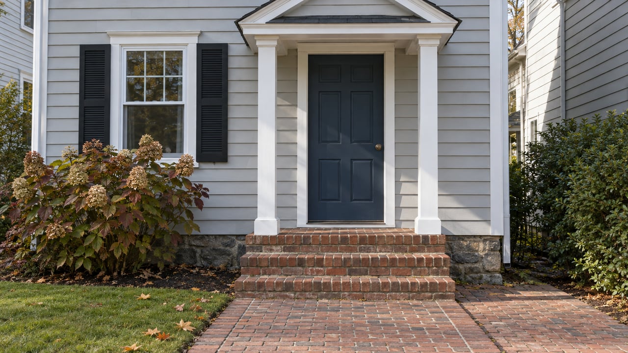 Gray clapboard home entry with a dark blue door, paired white portico columns, weathered brick steps and autumn oakleaf hydrangea.