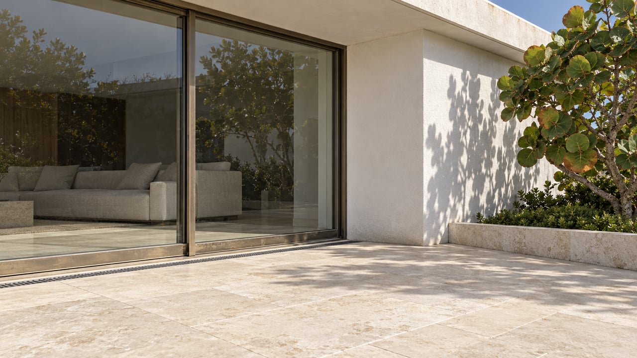 Low-angle view of a white stucco home’s closed glass doors, limestone terrace and sea grape specimen beneath a flat concrete overhang.