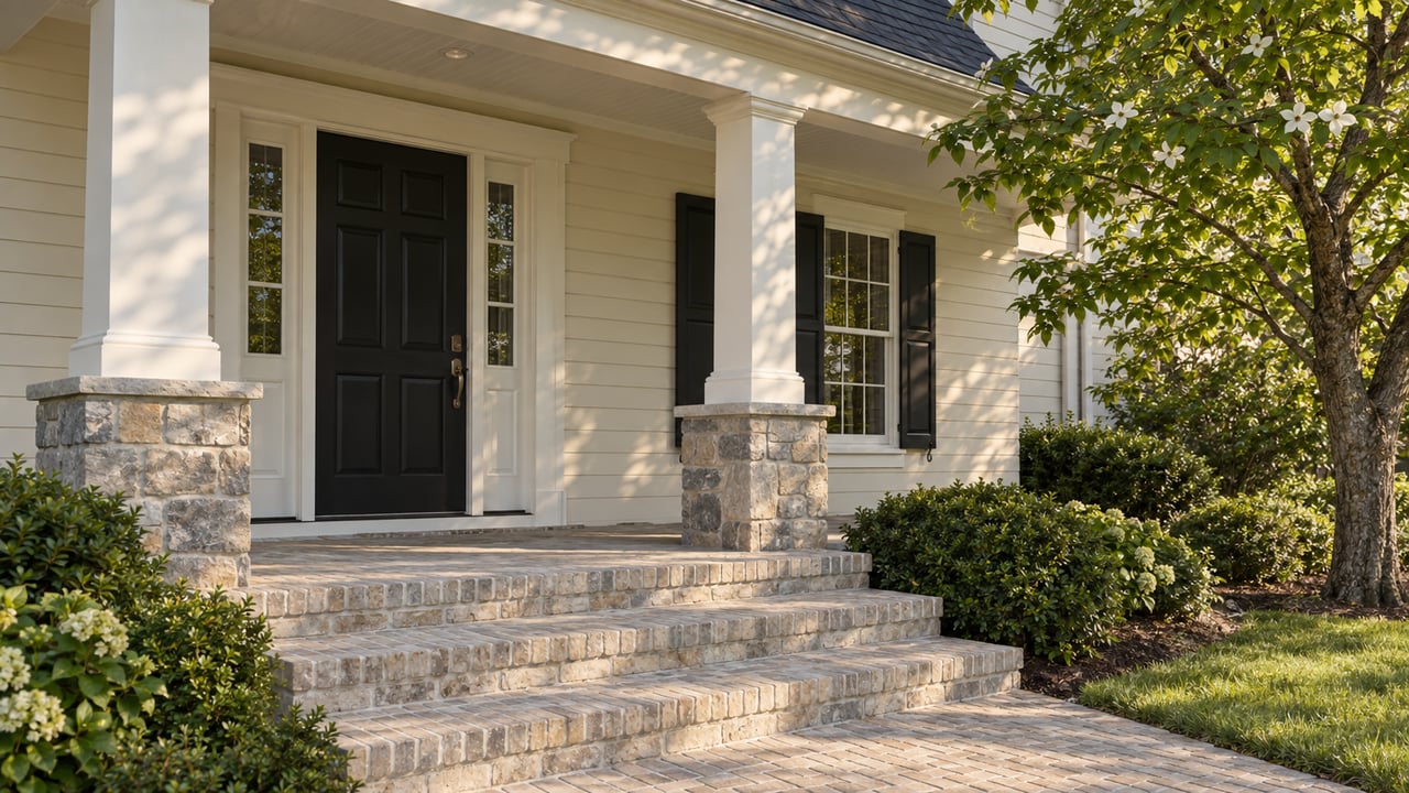 Cream clapboard entry with a black door, brick steps, and a flowering dogwood beside the porch.