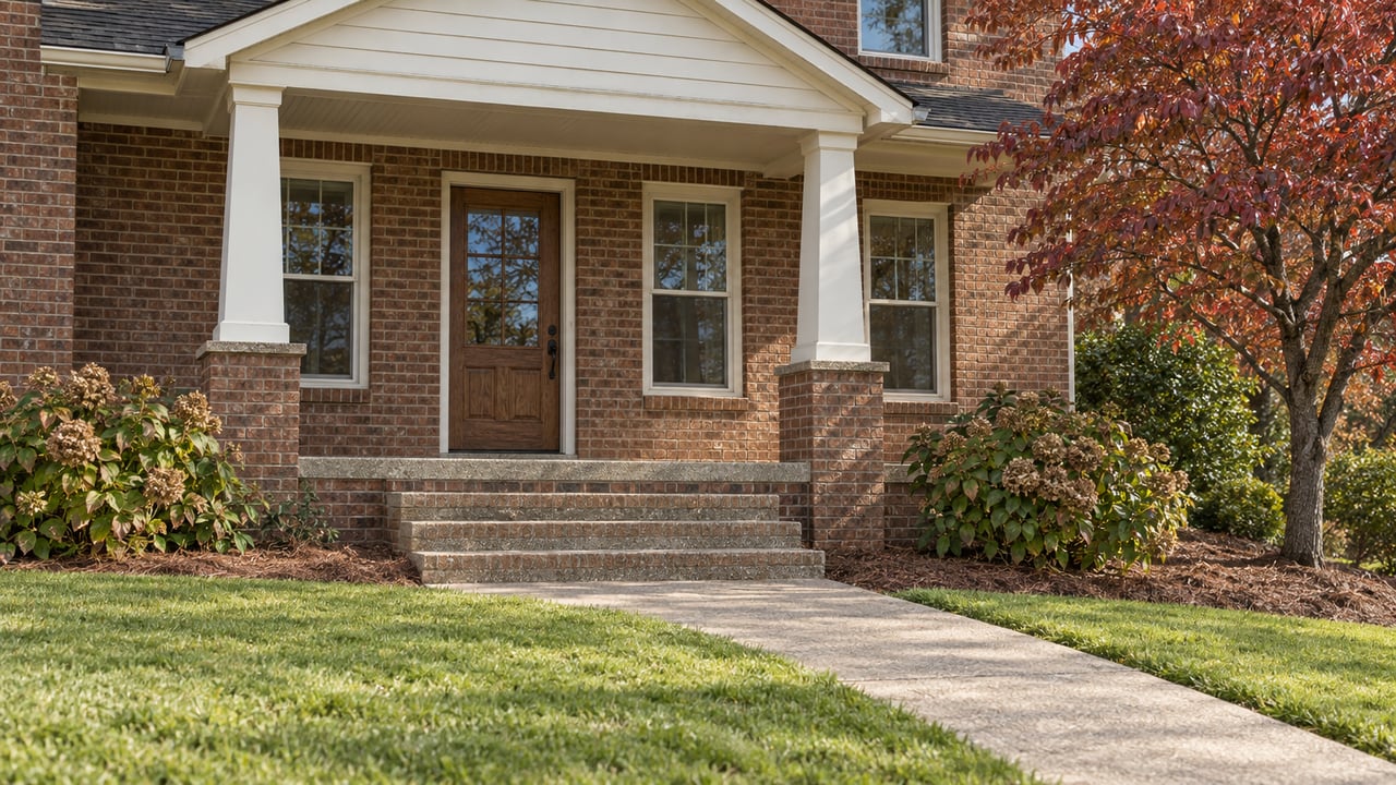 Brick home with an ivory gabled porch, oak entry door, broad concrete steps and a sloping lawn beside oakleaf hydrangeas and an autumn dogwood.