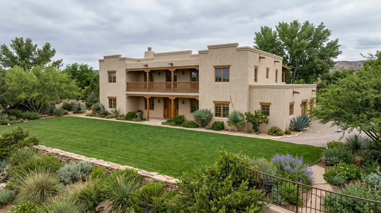 Territorial-style stucco home beyond a deep lawn, with a cottonwood canopy, stone garden wall, and curving flagstone path.
