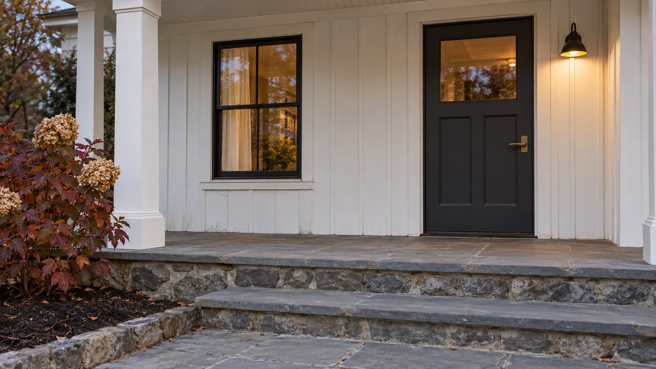White board-and-batten porch with a charcoal front door, warm wall light, bluestone steps, and an oakleaf hydrangea in autumn color.