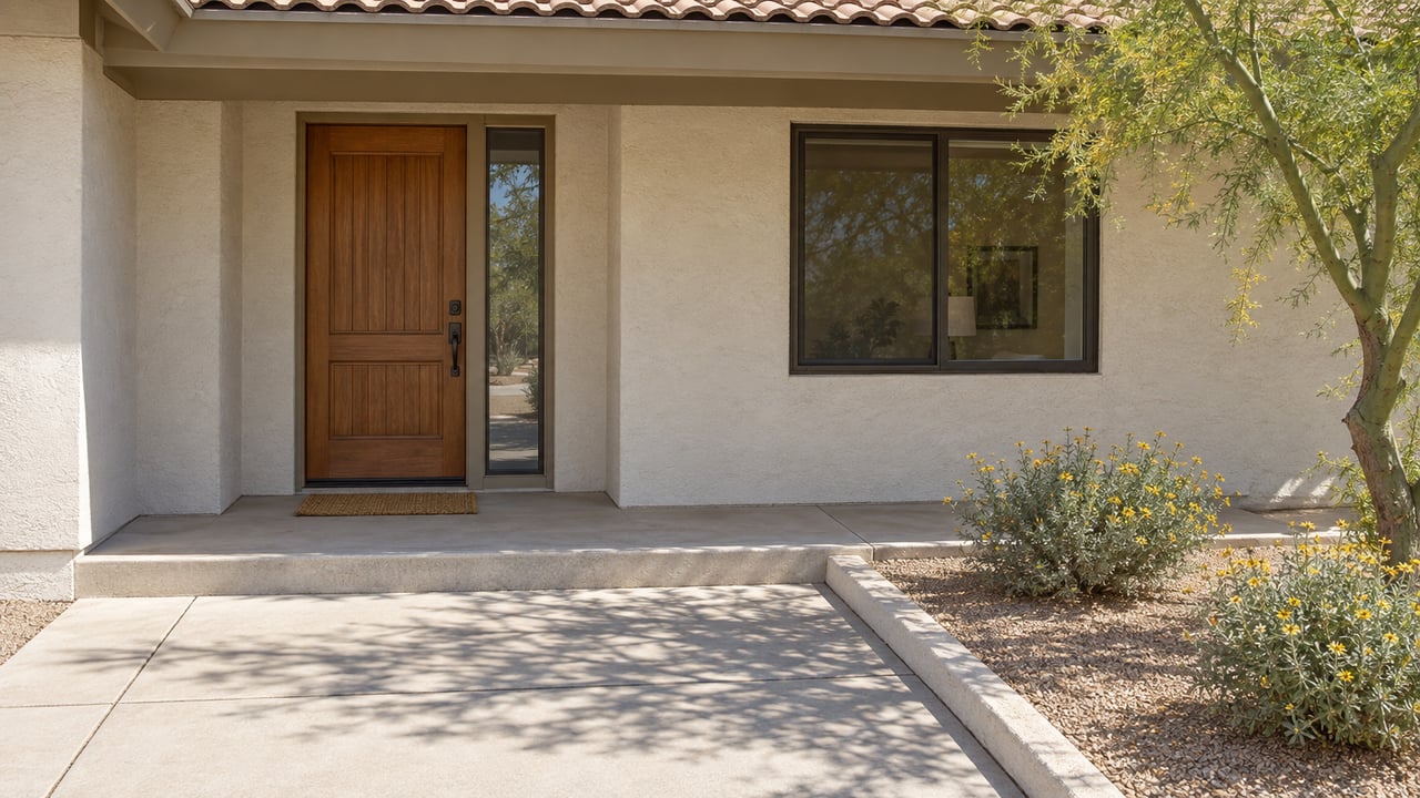 Ranch house entry with a recessed wood door, bronze-framed window, and sunlit concrete approach.