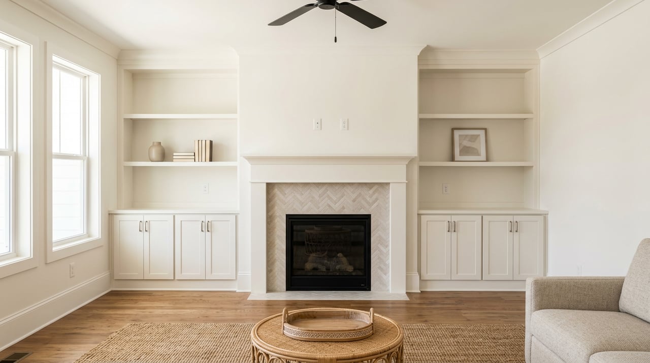 Fireplace wall with light herringbone tile between symmetrical white built-in shelves.