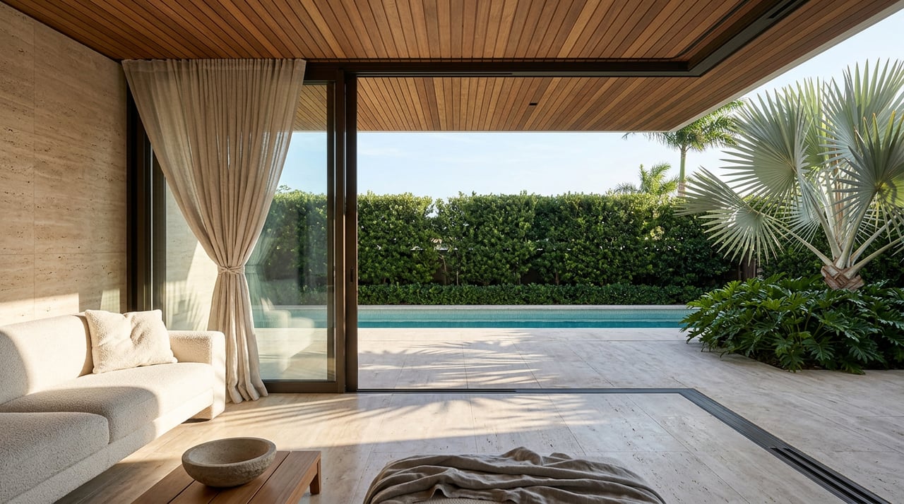 Living room opens onto a travertine pool terrace, with teak ceiling slats and a silver-blue fan palm.
