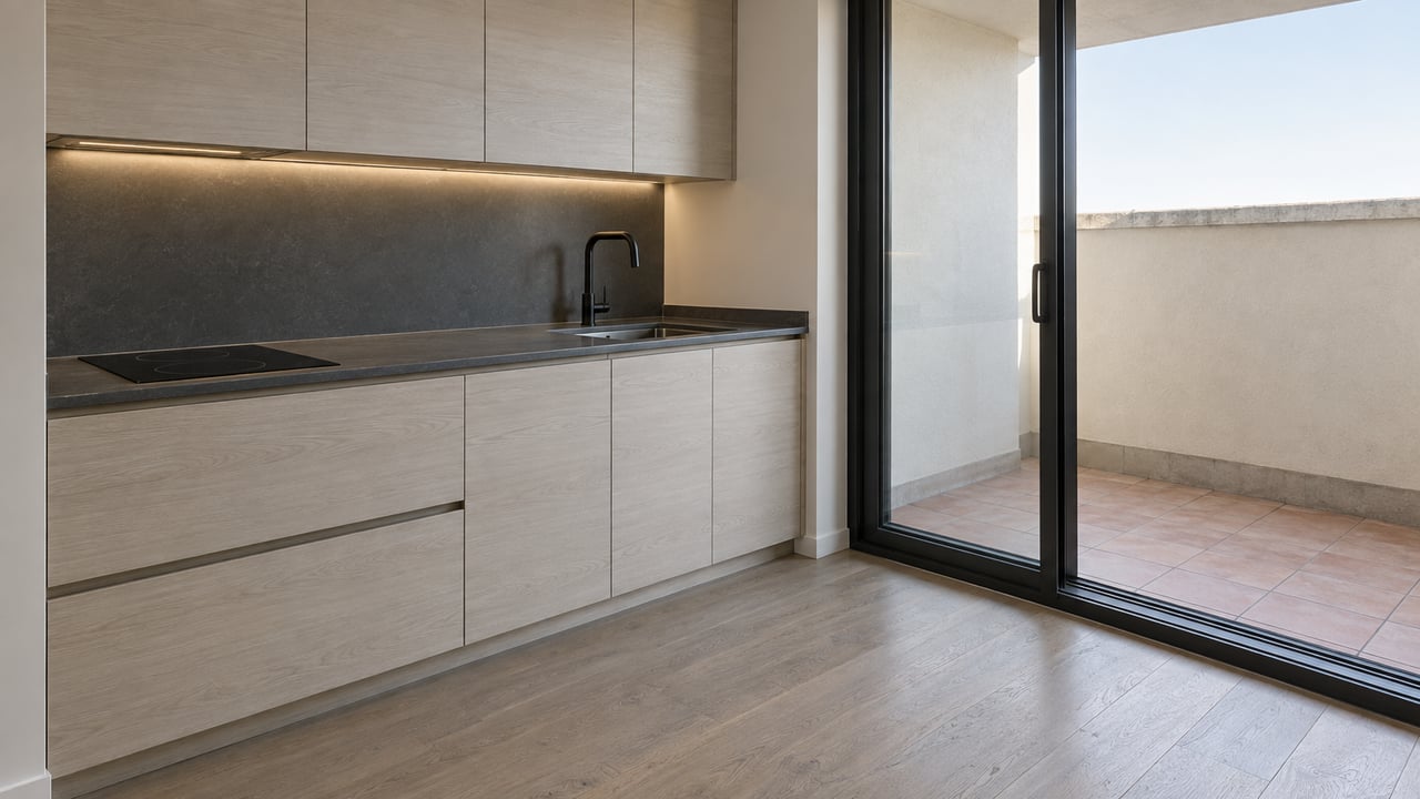 Pale ash kitchen cabinetry and a charcoal countertop beside a closed glass door opening onto a stucco-lined balcony with salmon paving.
