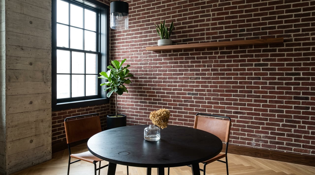 Dining corner with an oxblood brick wall, black oak table, cognac leather chairs, and a walnut shelf.