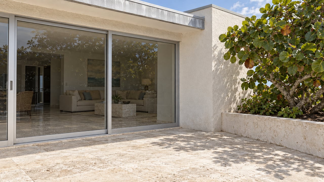 Light stucco home with closed sliding glass doors, pale limestone terrace, and a sea grape tree in a raised masonry bed.
