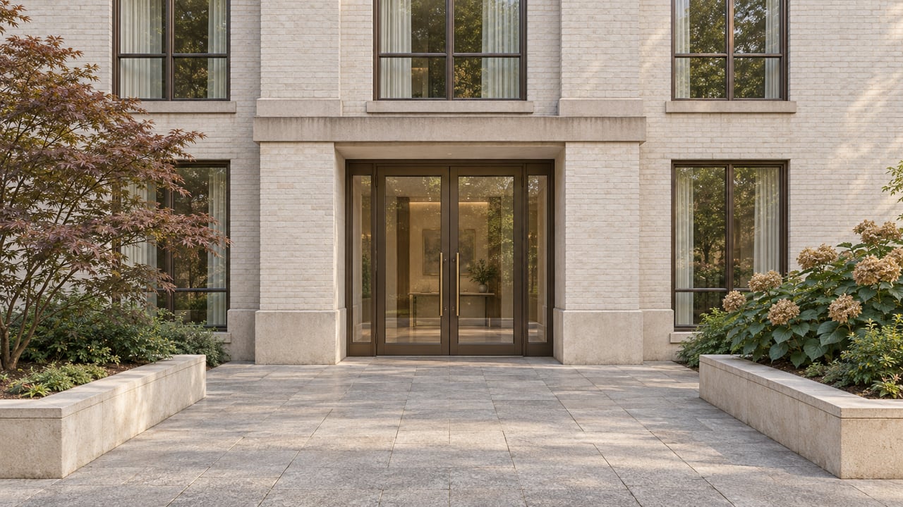 Painted-brick condominium entrance with paired bronze glass doors, limestone trim and a broad granite terrace between raised planting beds.