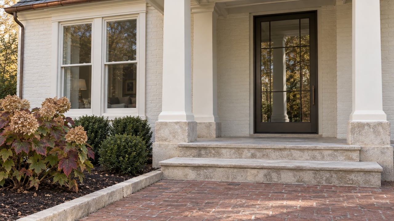 Sunlit painted-brick home entry with bronze-framed glass door, limestone steps, brick walk and autumn oakleaf hydrangea.
